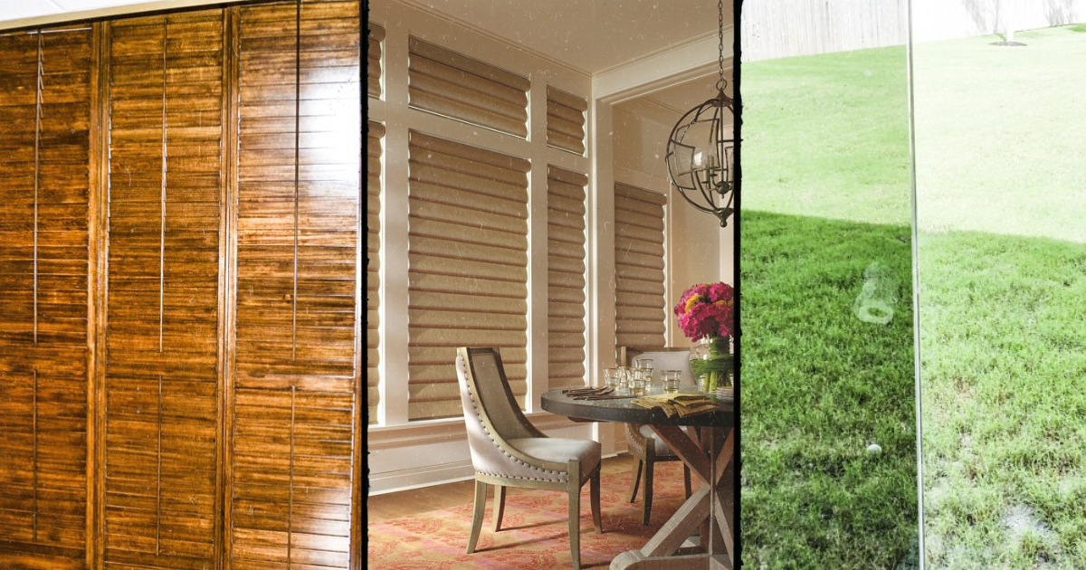 A collage of three pictures shows a dining room , a living room , and a grassy field.