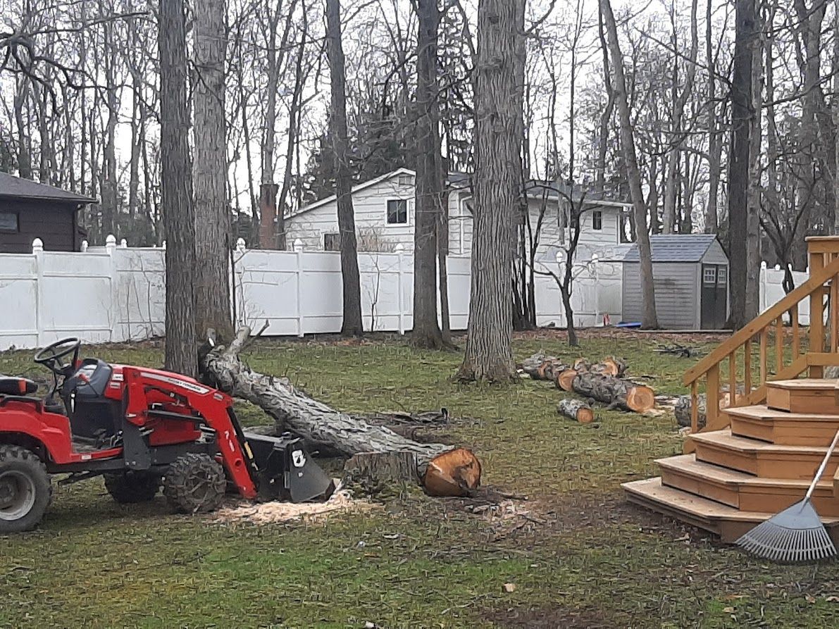 Red tractor clearing a fallen tree in a yard beside a wooden deck and white fence Red tractor clearing a fallen tree in a yard beside a wooden deck and white fence