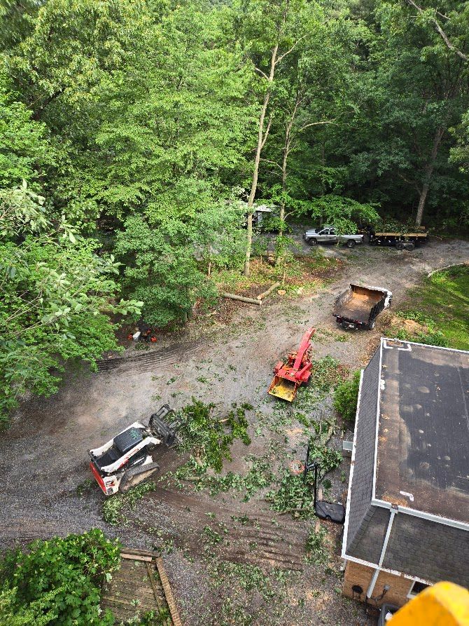Aerial view of a muddy wooded lot with construction vehicles, a truck, and a building roof. Aerial view of a muddy wooded lot with construction vehicles, a truck, and a building roof.