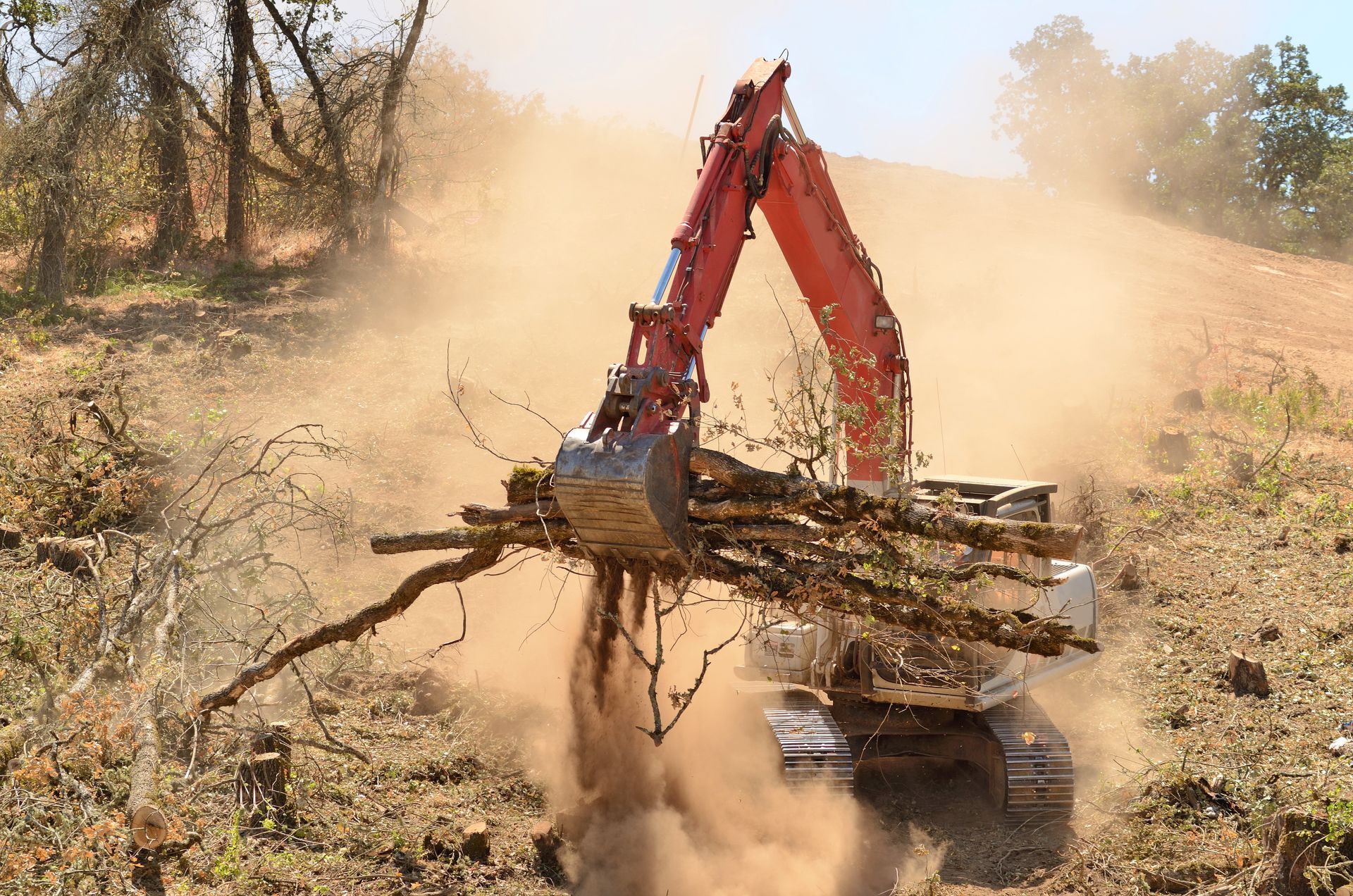 Excavator clearing brush and uprooted branches in a dusty field under trees