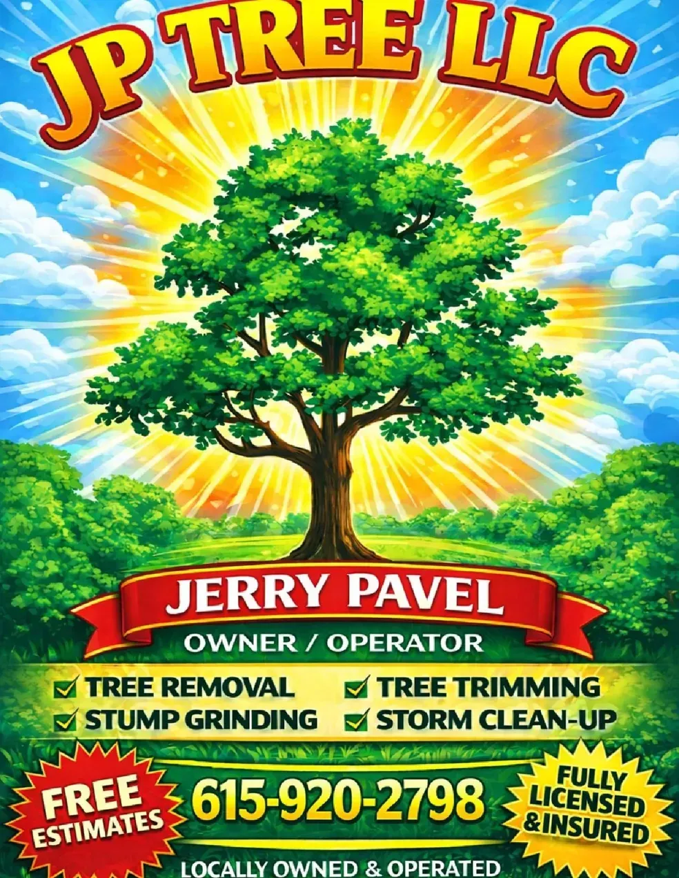 JP Tree LLC logo with large green tree, sunburst sky, and services listed: tree removal, trimming, stump grinding, storm cleanup