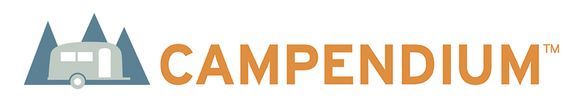 A logo for campendum with mountains and a trailer