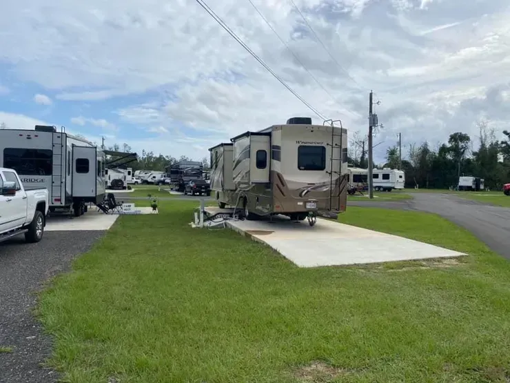 A row of rvs are parked in a grassy area next to a road.