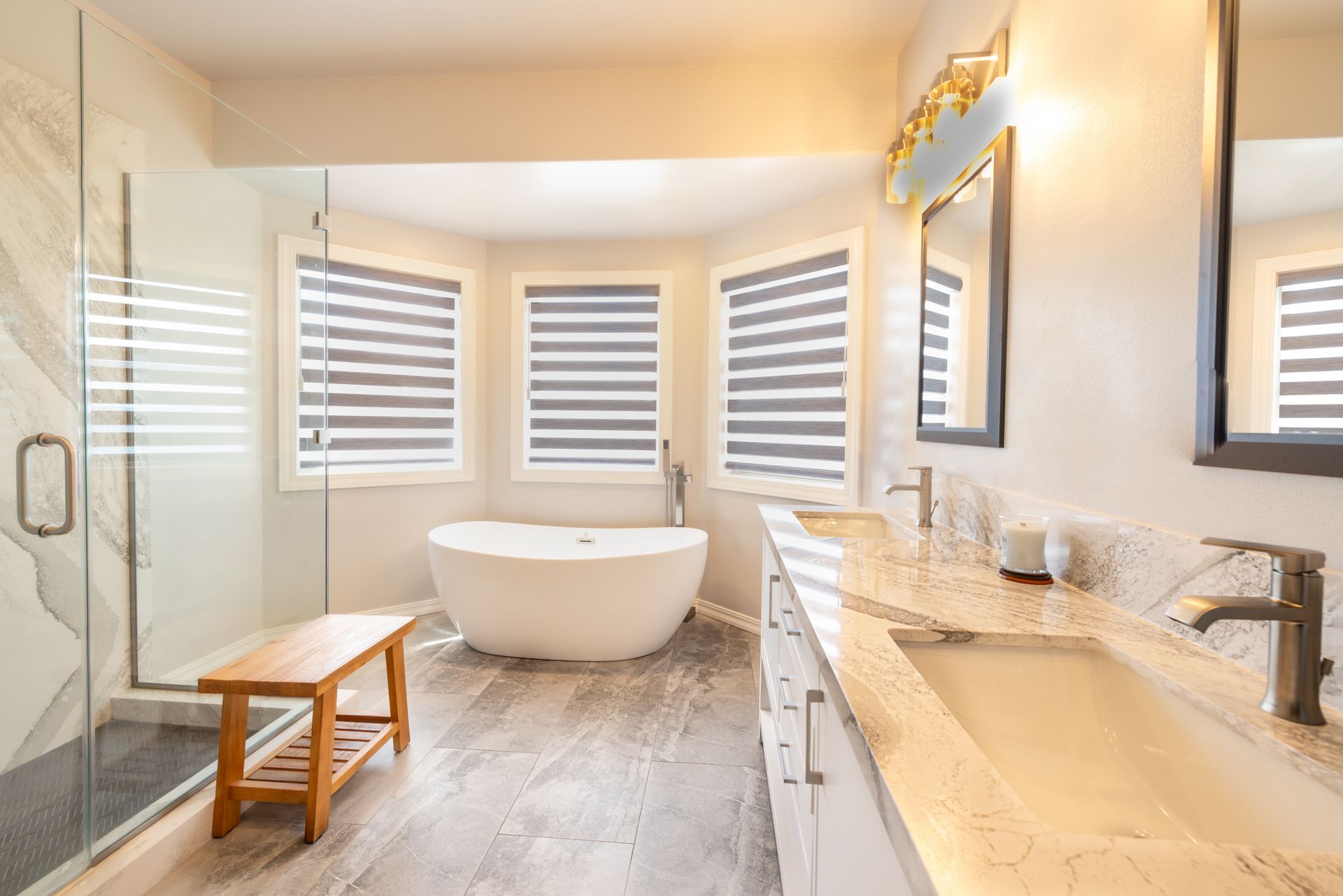 Bathroom with a gorgeous free-standing tub, double vanity, and walk-in shower.