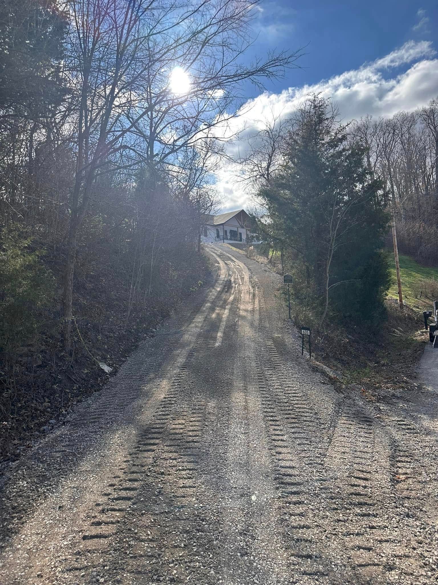 A dirt road going through a forest on a sunny day.