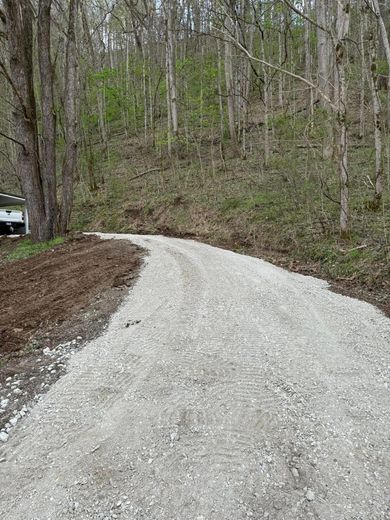 A gravel road going through a forest with trees on both sides.