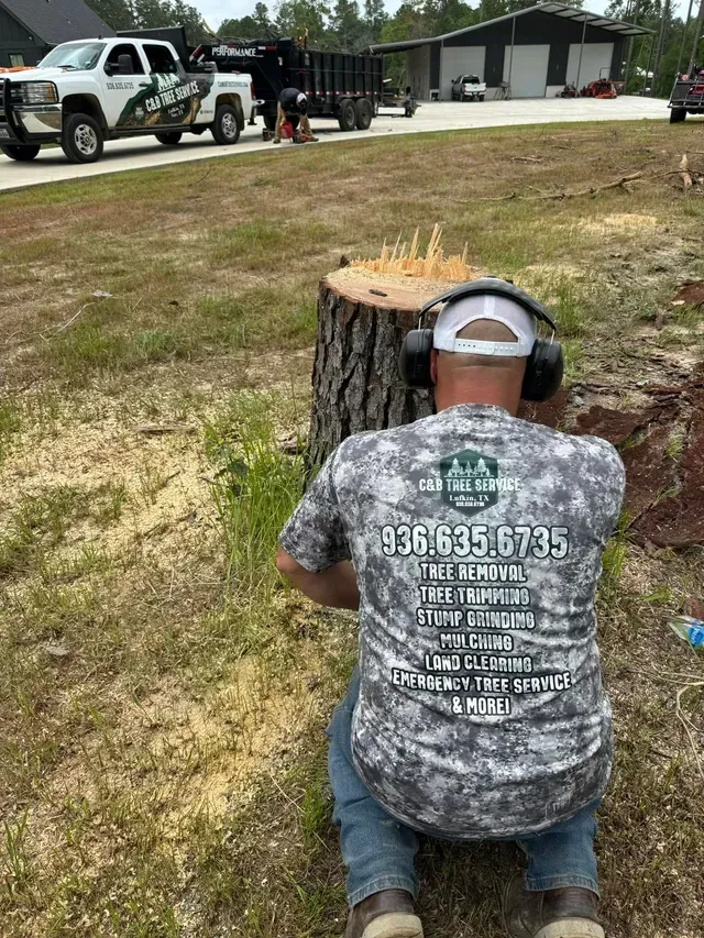Man kneeling to grind a tree stump, wearing hearing protection. Truck, shed, and grass visible in background.