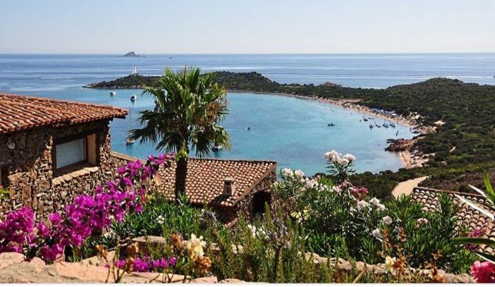 Vista panoramica sulla costa con acque turchesi, spiaggia, edifici con tetti di tegole e fiori colorati.