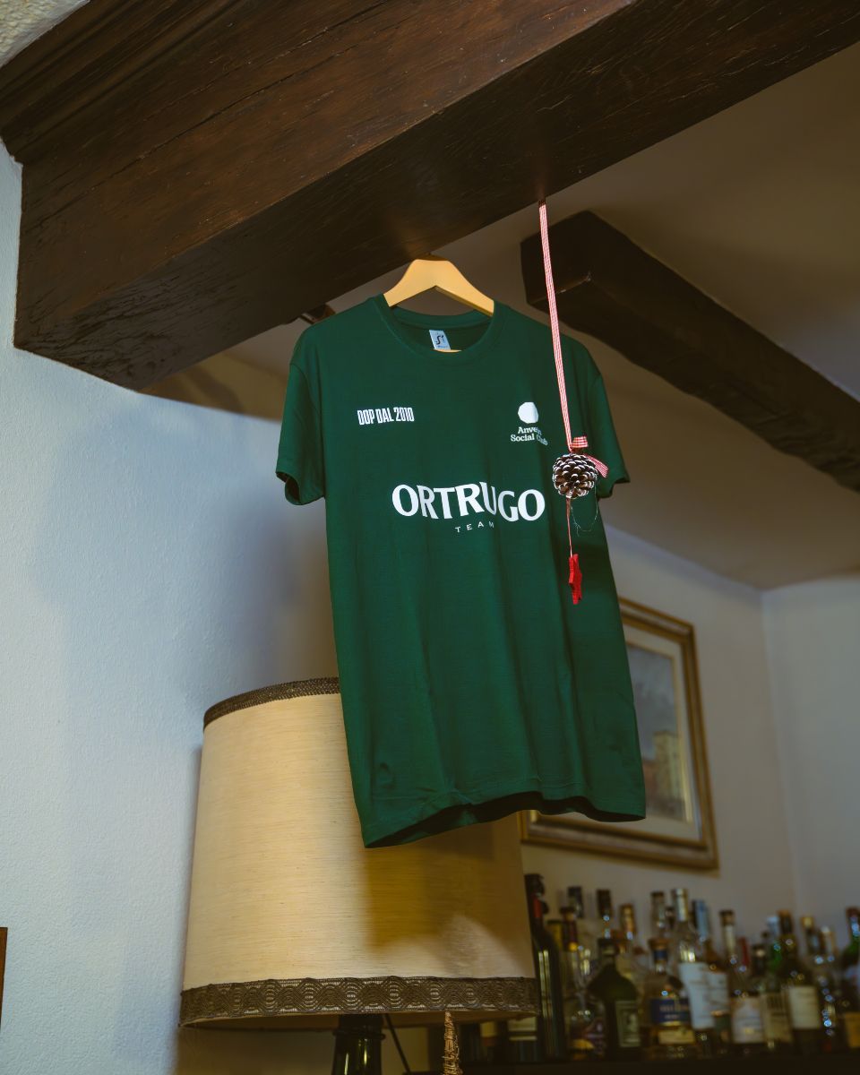 Una maglietta verde con il logo è appesa a una trave in una stanza. Sotto si vedono una lampada e delle bottiglie.