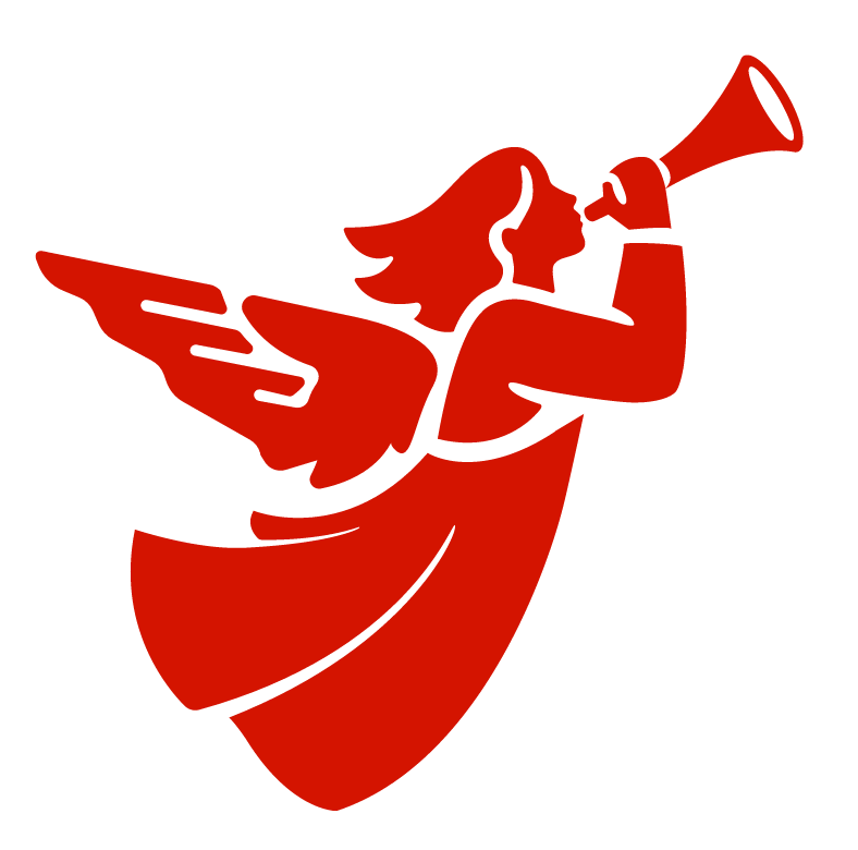 Angelo che suona la tromba, raffigurato con linee fluide.