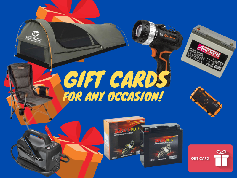 A gift card for a kayak , a tent , and a battery