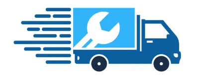 A blue delivery truck with a wrench on the back of it.