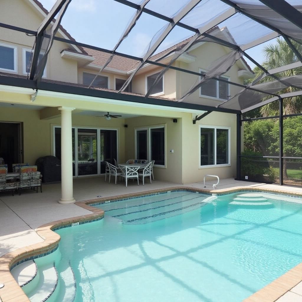 A large swimming pool is surrounded by a screened in area