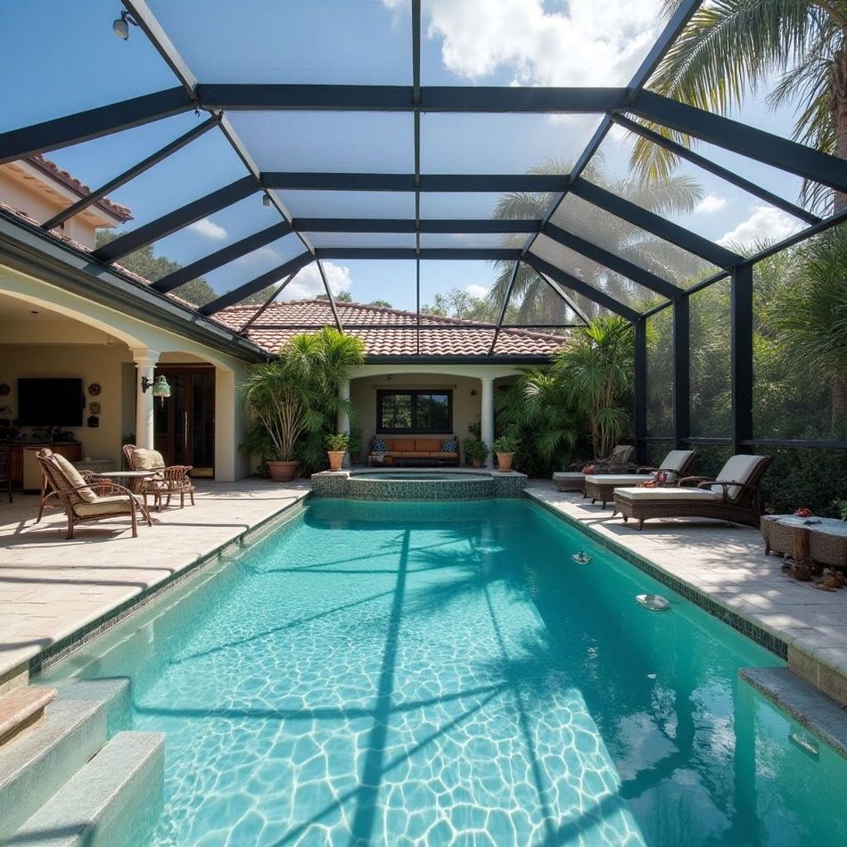 There is a large swimming pool in the middle of the house.