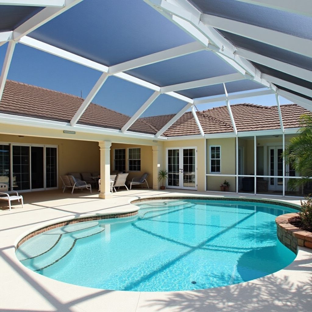 A large swimming pool is surrounded by a screened in area
