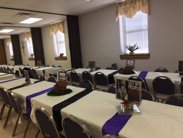 Different View Of Church Table With Purple Tablecloth — Tarrant, AL — Lily Baptist Church