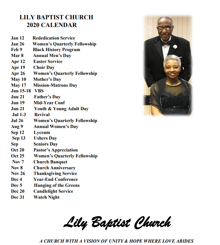 2020 Calendar — Tarrant, AL — Lily Baptist Church