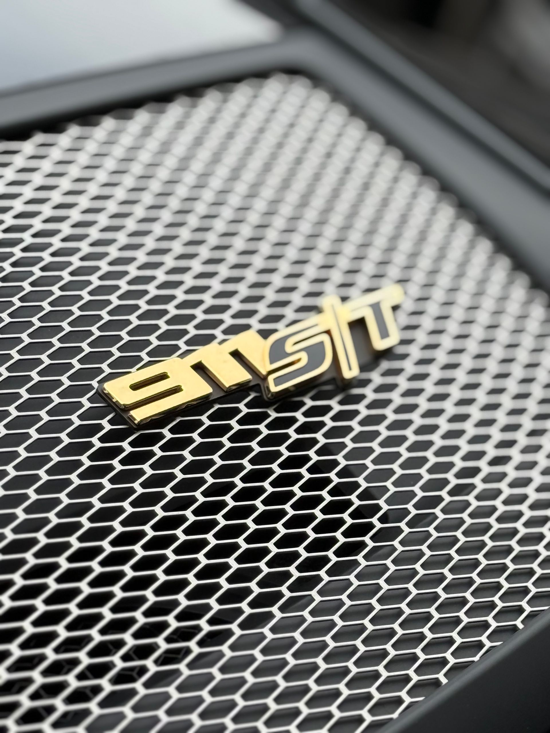 A close up of a porsche logo on a grille