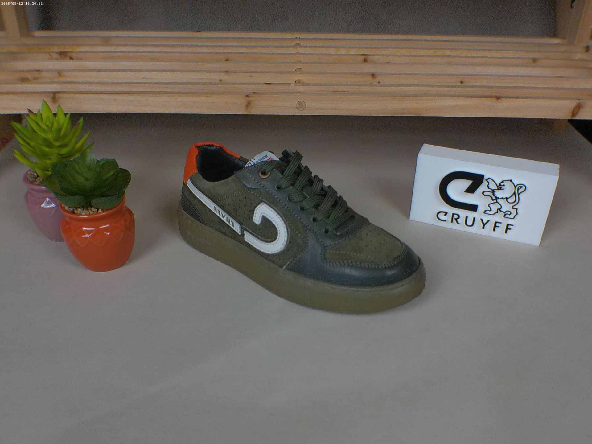 Een paar Cruyff-sneakers staan ​​op een tafel naast een potplant.