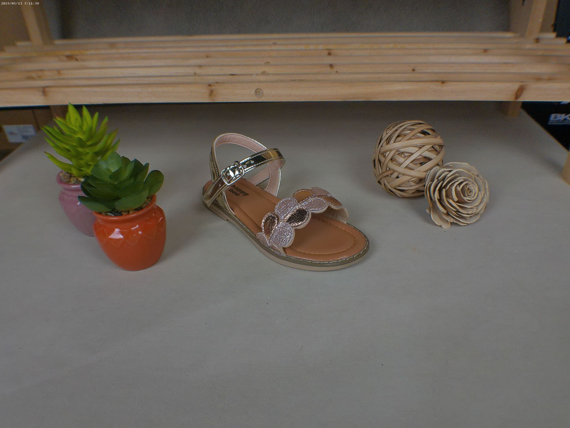 Een paar sandalen staat op een tafel naast een potplant.