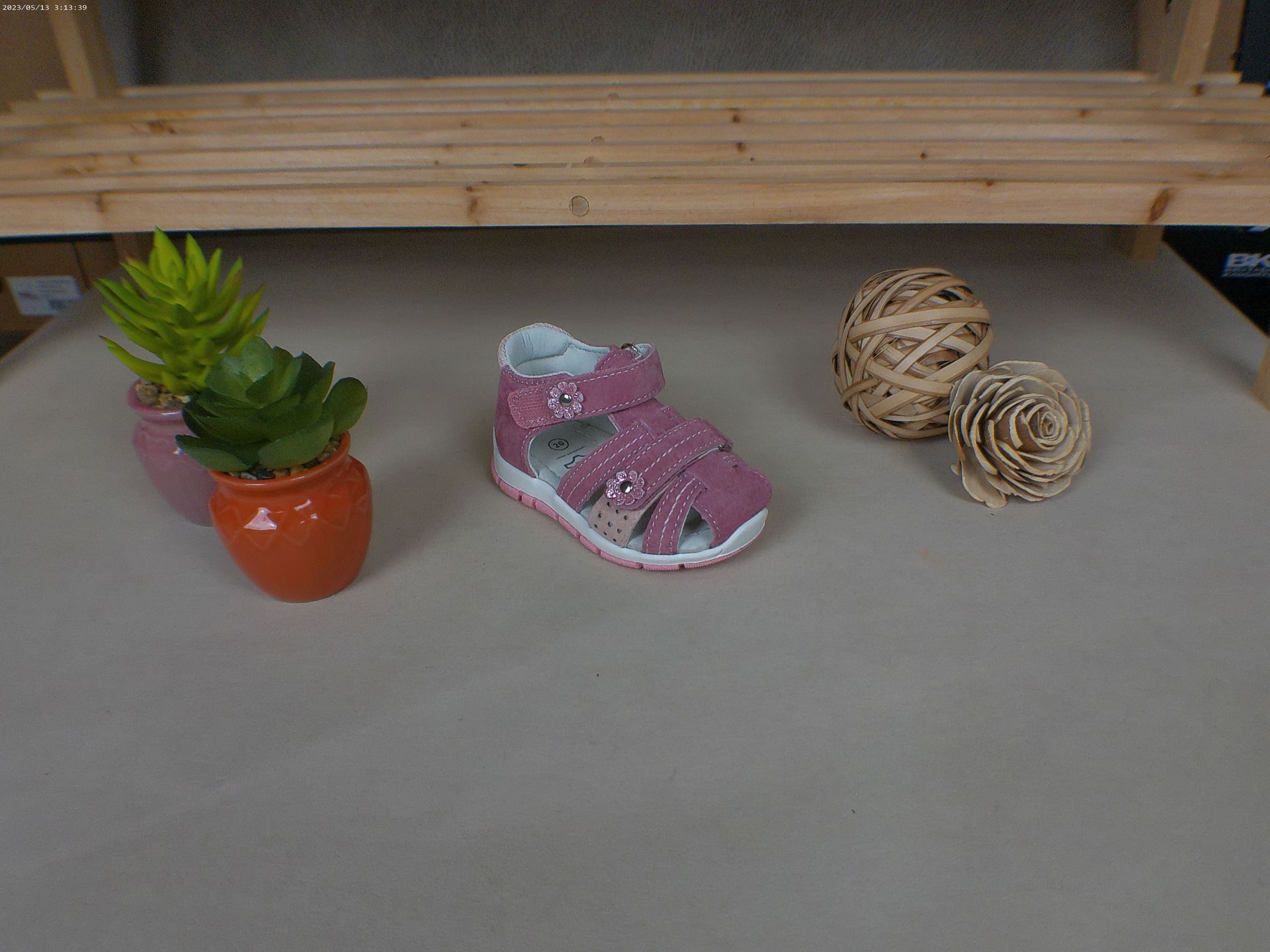 Een roze sandaal staat op een tafel naast een potplant.