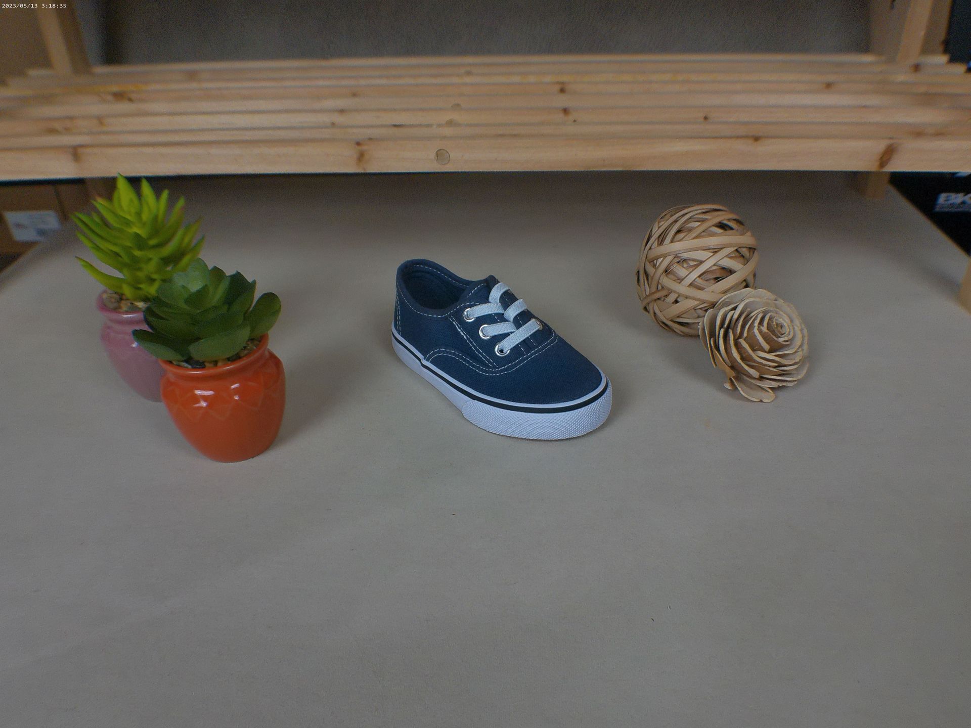 Een blauwe schoen staat op een tafel naast een potplant.