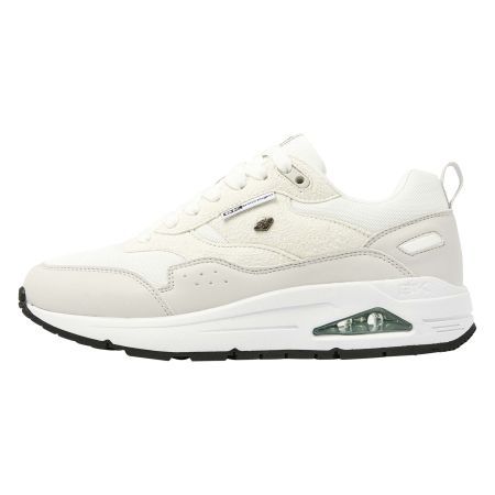 Witte sportschoen met zwarte zool en luchtkussen, neutrale tinten.