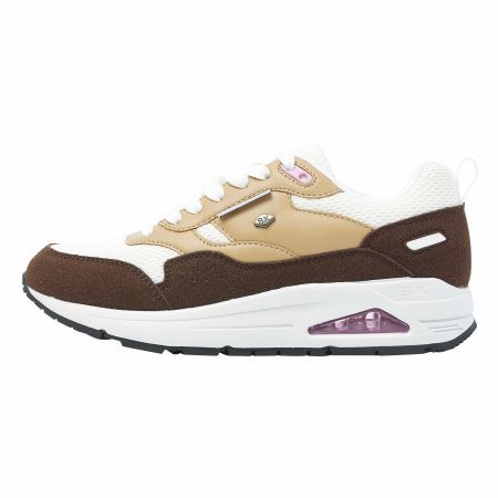 Bruine, beige en witte sportschoen met een witte zool en een klein paars luchtbelletje.