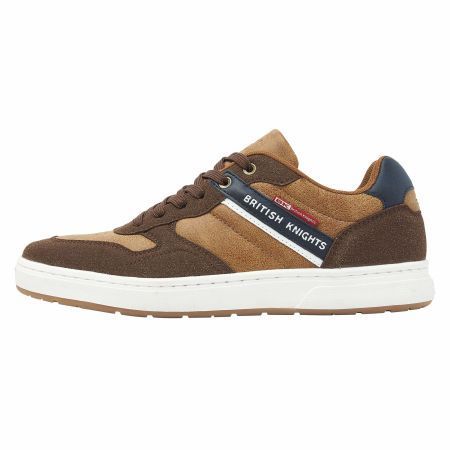 Bruine British Knights sneakers met witte zool en blauwe accenten.