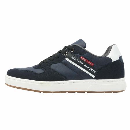Marineblauwe en witte British Knights-sneaker met witte zool en bruin loopvlak.