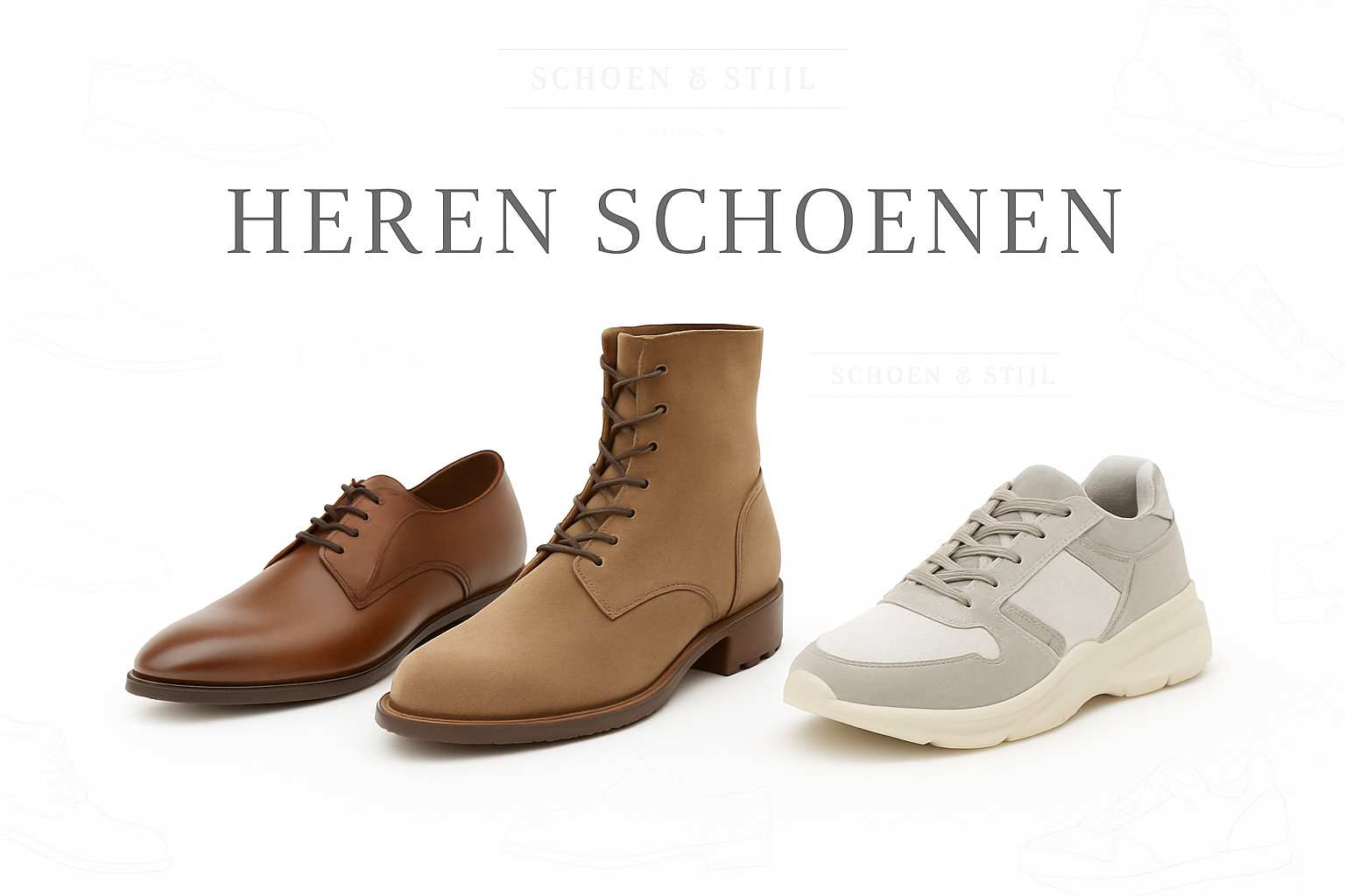 Drie herenschoenen: bruine Oxford-schoenen, bruine laarzen en grijze sneakers, afgebeeld op een witte achtergrond.