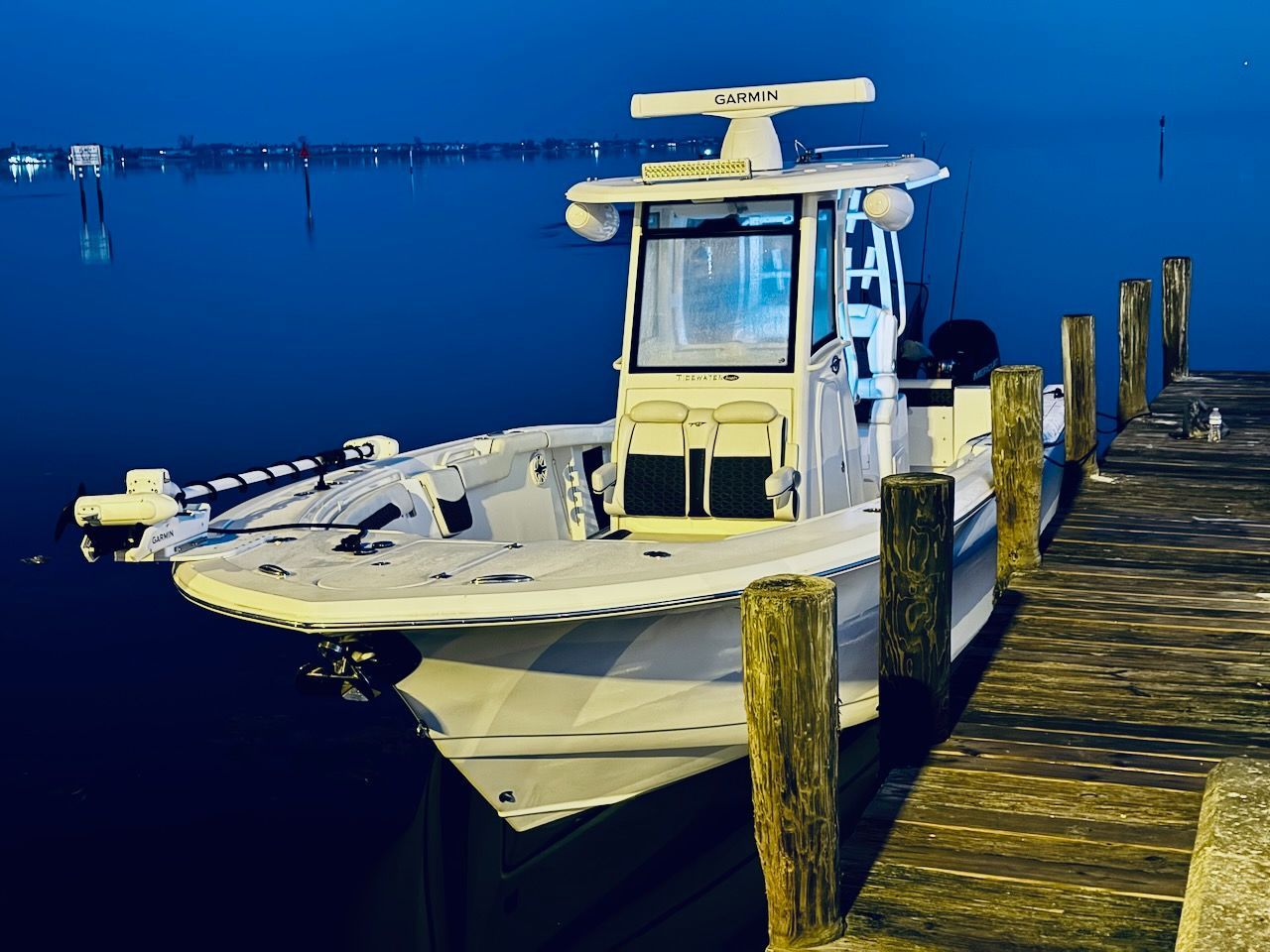 Grandfather and grandson driving pontoon boat.