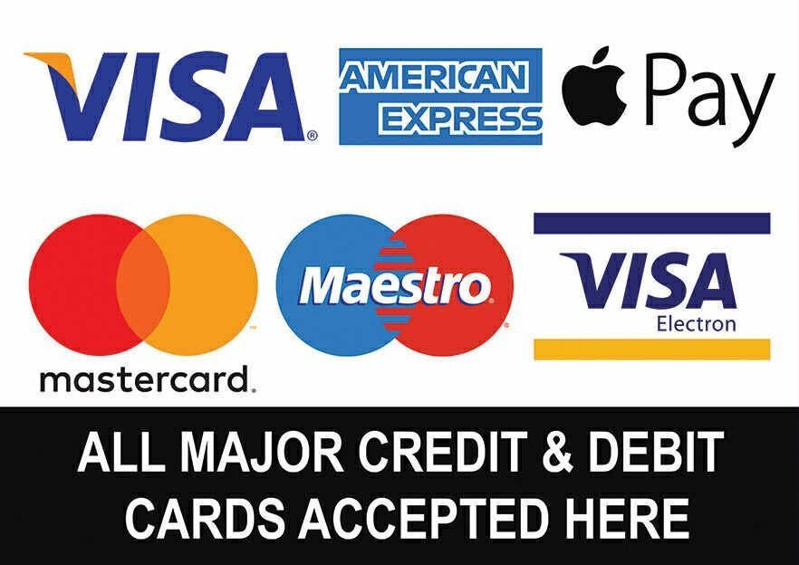 A sign that says `` we accept visa mastercard discover american express ''