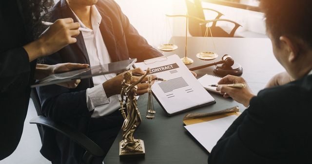 un gruppo di avvocati è seduto a un tavolo e discute di un contratto .
