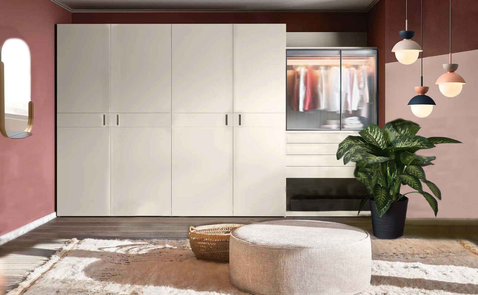 Una stanza con una pianta, un pouf, uno specchio e un armadio.