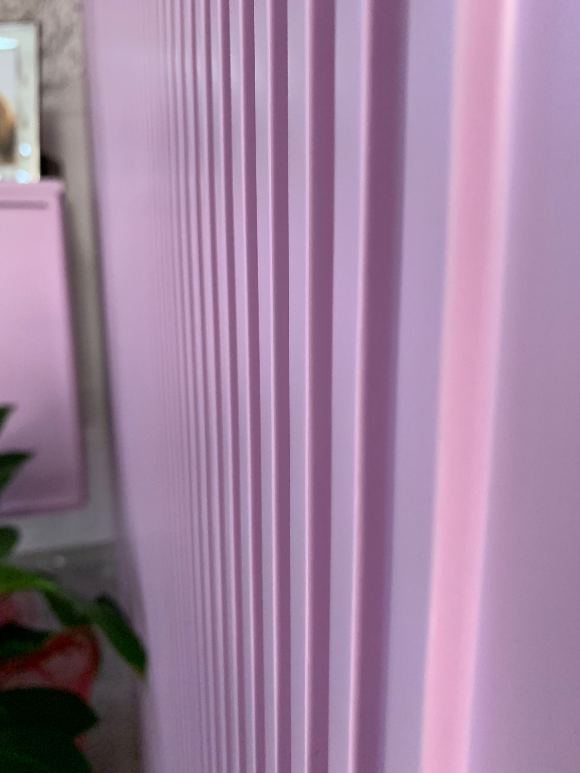 Un primo piano di una parete rosa con una pianta sullo sfondo.