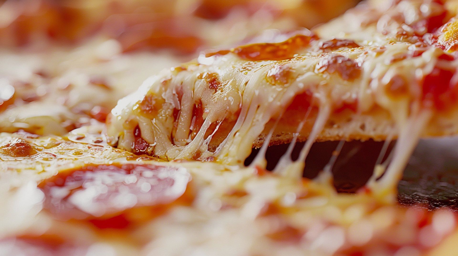 A close up of a slice of pepperoni pizza with cheese coming out of it.