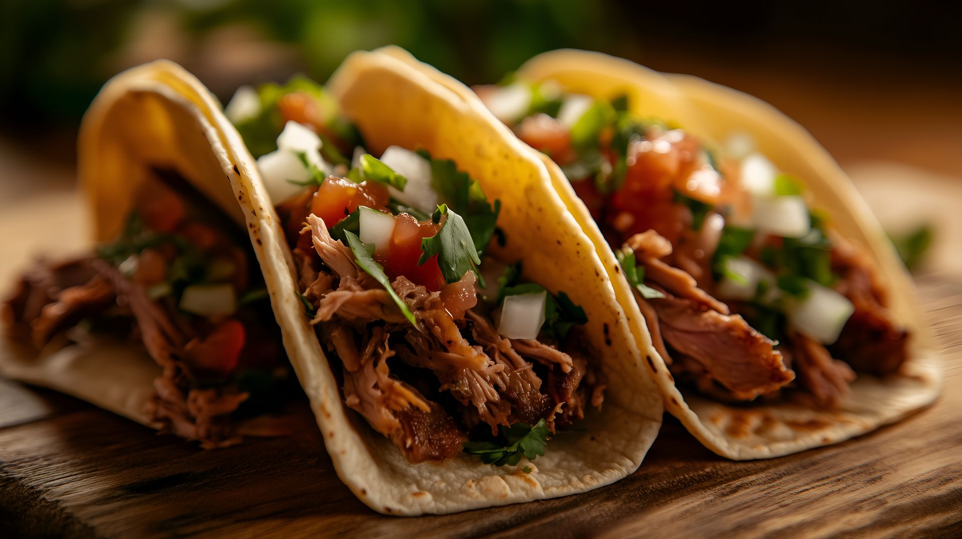 Three tacos are sitting on top of a wooden cutting board.