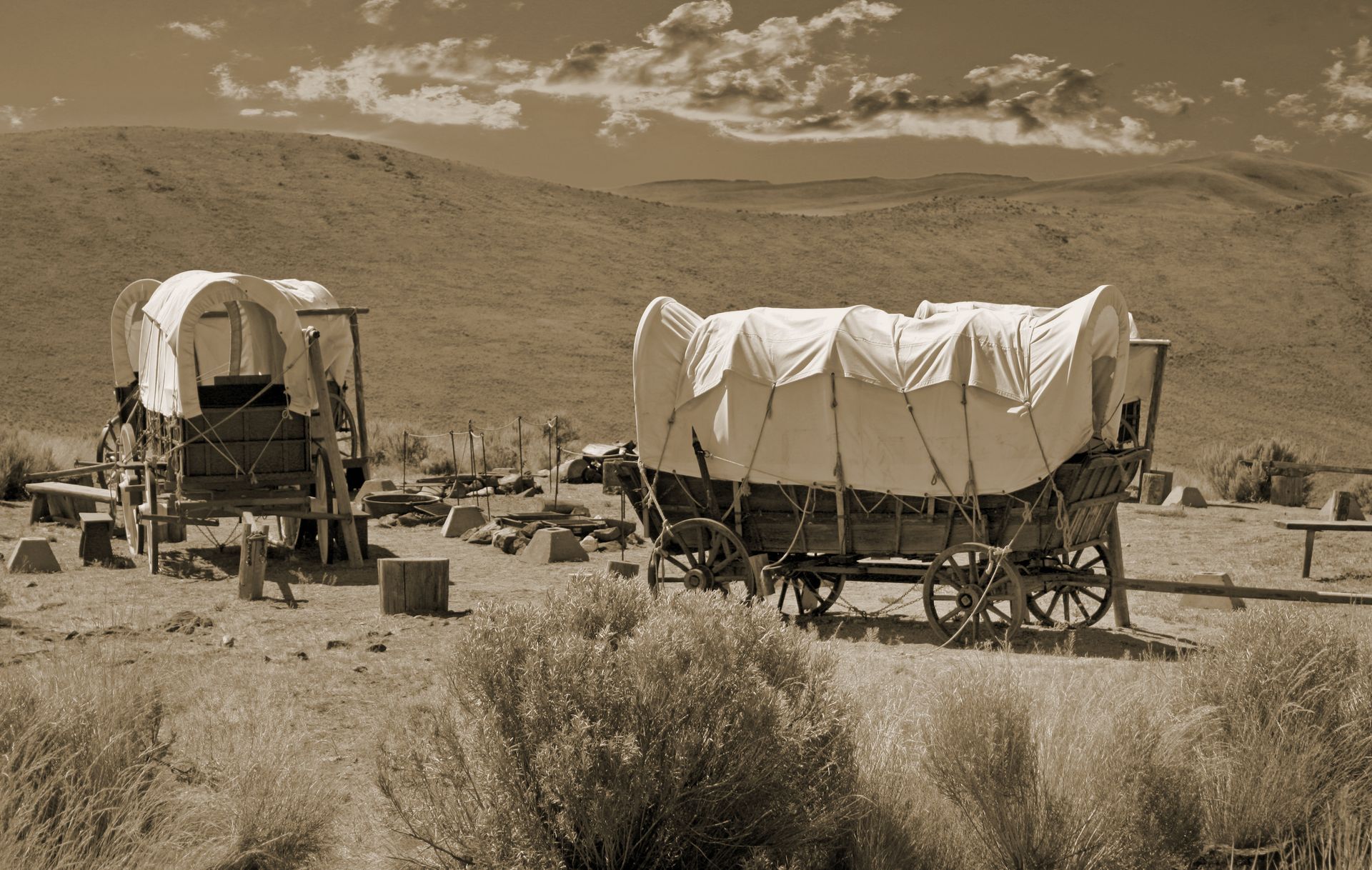 A black and white photo of two covered wagons in the desert
