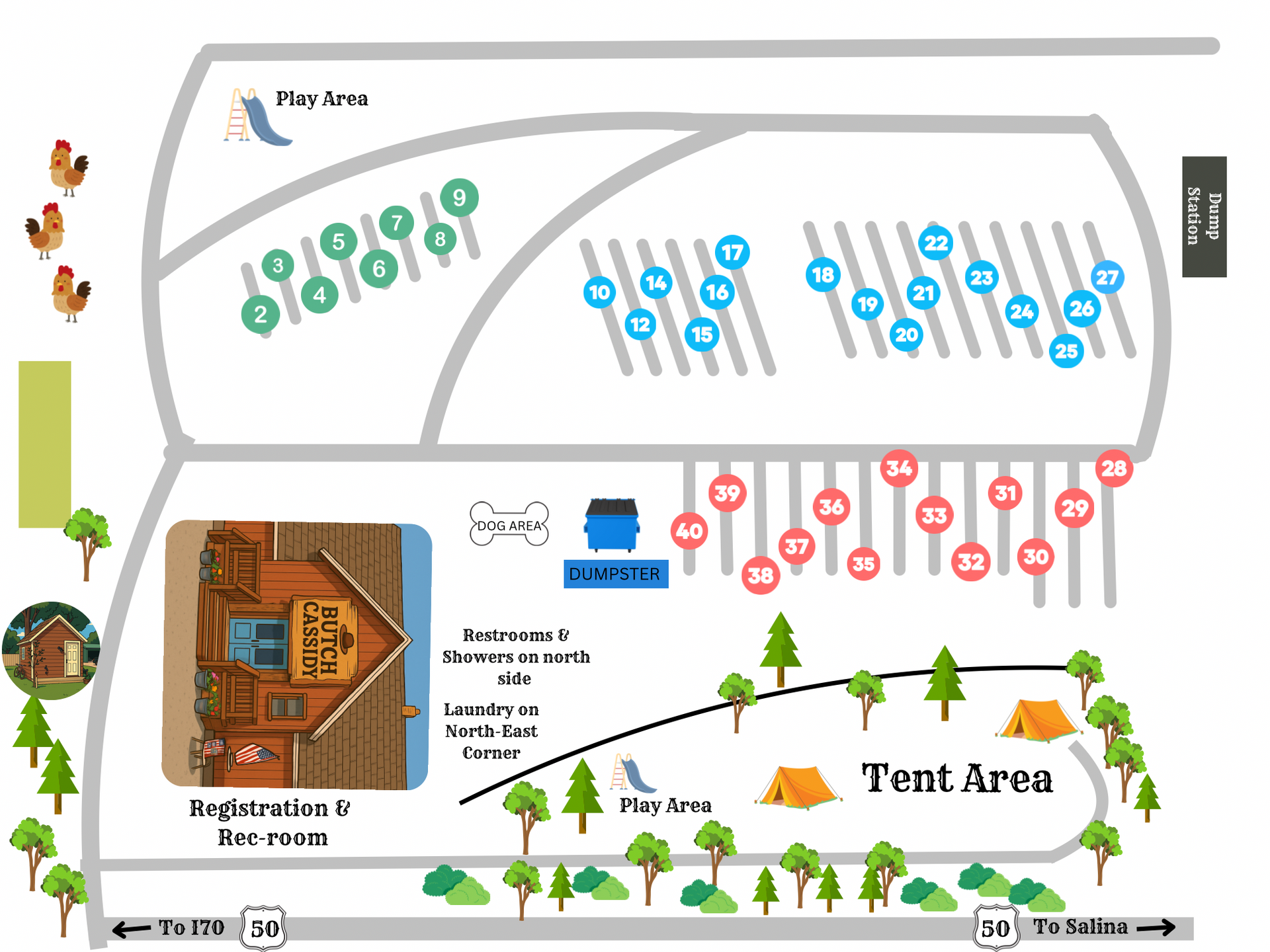 A map of a campground with a cabin and tent area.