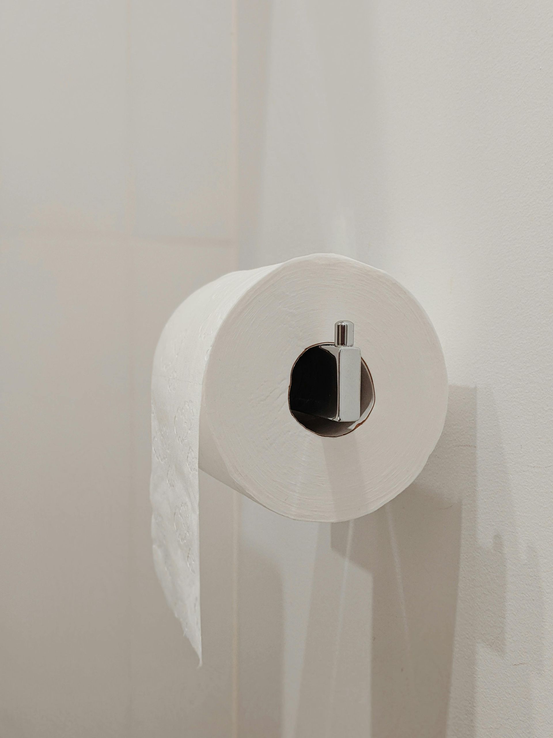A roll of toilet paper is hanging on a holder on a wall.