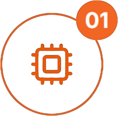 Orange microchip icon inside a circle with a small orange “01” badge in the top right.