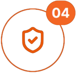 Orange shield with checkmark inside a circle and a small orange “04” badge in the corner
