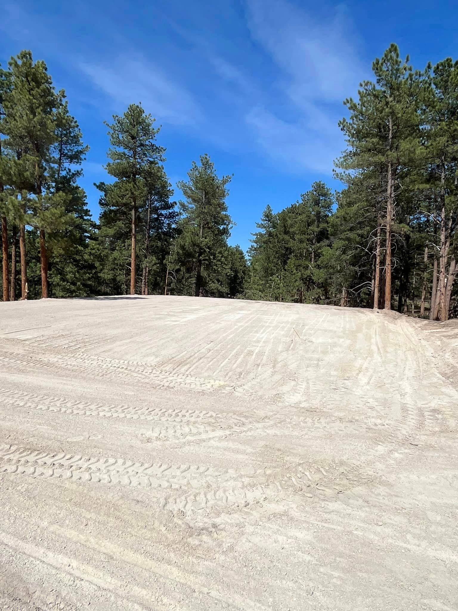 A dirt road with trees in the background and a blue sky