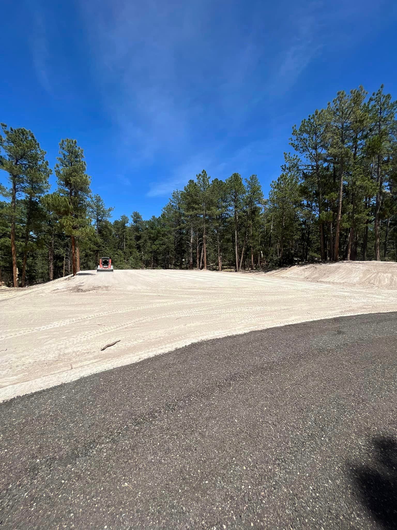 A dirt road with trees on the side of it and a blue sky in the background.