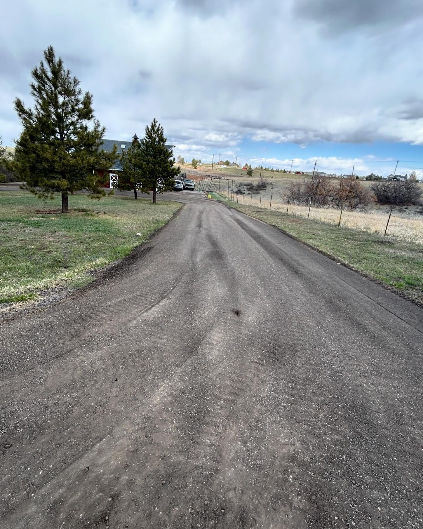 A dirt road going through a field with trees on both sides