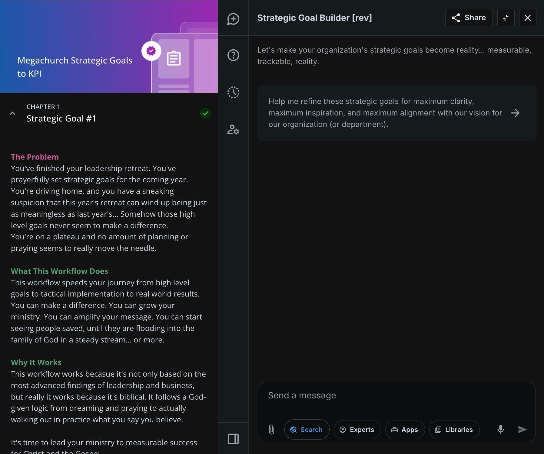 Screenshot of a purple-themed document with text and a side panel for sending messages, likely a digital communication tool.