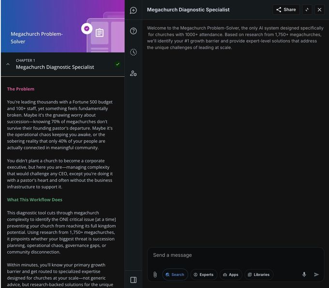 Screenshot of a dark mode application, with text in the left sidebar and a main window showing a document.