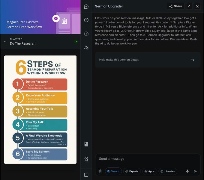 Infographic: 6 steps of sermon preparation with color-coded titles and steps numbered 1-6.