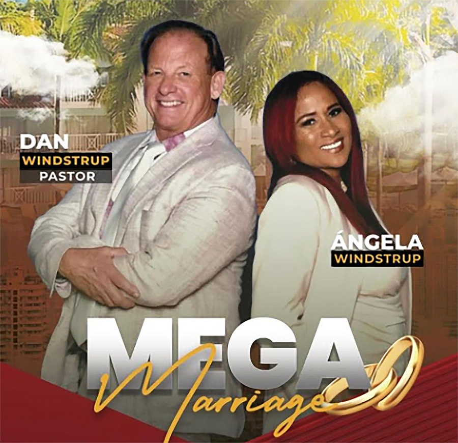 A man and a woman are on a mega marriage poster